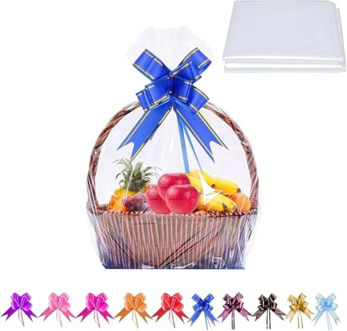 Große Geschenkfolie Transparent Cellophantüten, 10 Stück 75x100cm Durchsichtiges Geschenkpapier Cellophantüten Mit 10 Zugschleifen, für Blumen Geschenkkörbe Wrap