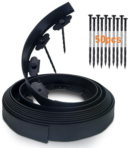 CHEOAR Bordo da Giardino 10m, Bordo Prato Flessibile con 50 Picchetti, Altezza 5 cm, Bordo Giardino in Plastica per Delimitazione Aiuole, Viali Giardino e Alberi, Nero