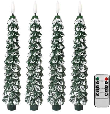 Colexy 4 Stück LED Weihnachtsbaum Kerzen Flammenloses mit Fernbedienung und Timer, 24.5cm Stabkerzen Flackernde Kerzenlichter für Weihnachtsdekoration, Kamin, Wohnungsdeko, Party, Geschenke (Grün2)