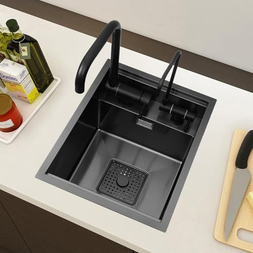 XJTNLB Spüle Edelstahl Rechteckig Einbauwaschbecken Schwarz 1 Becken Spülbecken Klein Camper mit Abdeckung
