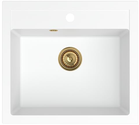 SINK QUALITY Granit Spülbecken Weiß 56x51cm - Granitspüle mit goldenen Siphon und Imprägnierung - Spüle für Unterschränke ab 60 cm Breite - Einzelbecken Einbauspüle - Waschbecken für Küche