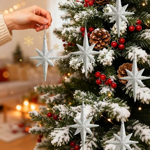 6 Stück Weihnachtsbaumschmuck Funkeln Weihnachtsstern Anhänger, Weihnachtsbaum Stern Deko Baumschmuck Weihnachtsstern Christbaumschmuck Anhänger für Weihnachtsbaum Fenster Hochzeit (Silber)