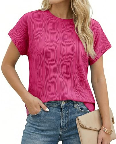Enmain Camiseta Blusas Mujer Manga Corta T-Shirt Top Mujer Verano Fucsia Básico Elegante Casual Cuello Redondo Elástico Anti-Arrugas con Textura Color Liso Ligero Túnica Rosa XL