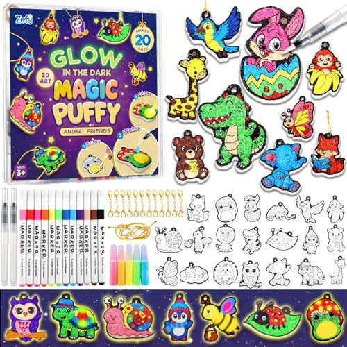 Zefy Bastelset Kinder 4-12 Jahre, 20 Stück Leuchtende 3D Aqua Puffy | DIY Kreativ Basteln Magic Foam Paint Tiere für Mädchen Geburtstag Weihnachten Ostern Geschenk