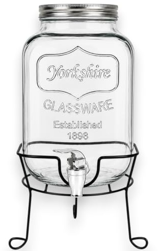 KORAT Dispenser Bevande 5 Litri con Rubinetto in Acciaio, Brocca Dispenser in Vetro per Acqua Aromatizzata, Limonata, Cocktail, Sangria e Succhi, Supporto in Metallo per Buffet e Feste