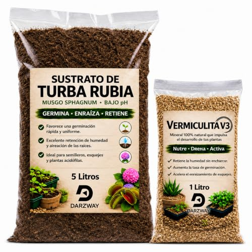 DARZWAY Turba Rubia 5L + 1L de Vermiculita - Sustrato Turba Rubia de Musgo Sphagnum, Bajo pH - Semilleros, Esquejes, Plantas Carnívoras, Hortensias y Plantas Acidófilas - Favorece la Germinación