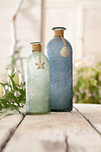 Dekoleidenschaft 2X Dekovase Maritim aus satiniertem Glas, blau & grün, Flaschenvase dekoriert mit Seestern & Muschel, Blumenvase, Glasflasche