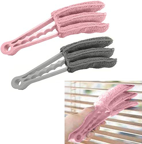 2 x spazzola in microfibra per la pulizia delle tende veneziane per finestre a 3 rebbi lavabili (grigio e rosa)