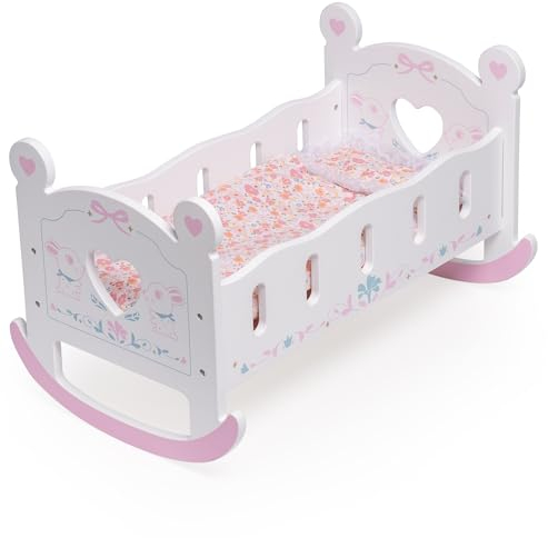 ROBUD Puppenbett aus Holz für 45cm Puppen, Puppenwiege mit Kissen und Decke, geeignet für Kinder ab 3 Jahren.