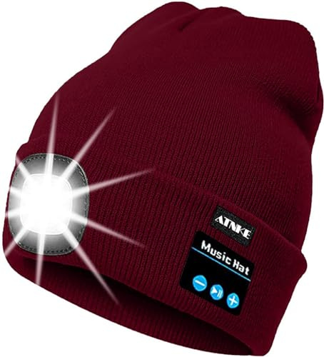 ATNKE LED beleuchtete Bluetooth Beanie Kappe, wiederaufladbare USB-Musikalische Laufmütze mit extrem hellem 4 LED Licht wasserdichte Lampe für das Skifahren