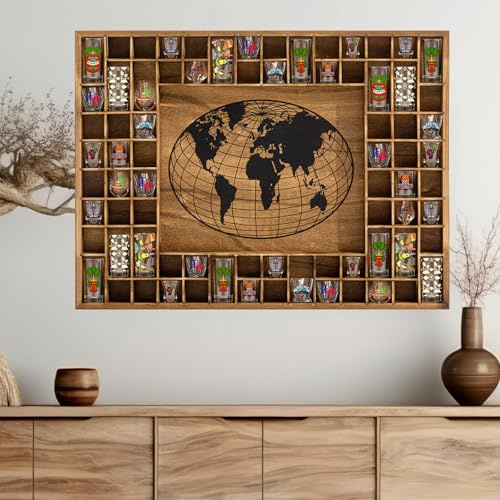GlikCeil Large World Map 68 Slots Shot Glass Display Case 39 x 28'' Rustic Wood Shot Glass Holder for 2 Sizes Wineglass Bar Shelf Organizer Wall Mount Storage Shadow Cabinet Decor (Brown)