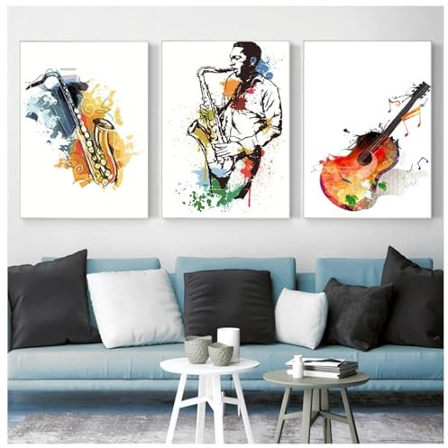 NXMYDBD Leinwand-Aquarell-Musik-Saxophon-Gitarre-Poster und Drucke, Sänger-Traum-Wandbilder für Wohnzimmer, abstraktes Bild, 70x90cm (28x35 Zoll) x3, ungerahmt