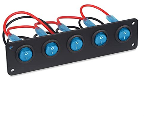 MUEOSI Panneau d'interrupteurs à Bascule à Bouton Marche/arrêt à 5 Gangs DC, for disjoncteurs étanches 12 V-24 V, Panneau d'interrupteurs for Bateau Marin, Voiture 12 V Tableau électrique(Blue)
