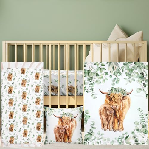HunnmingRe Baby Highland Cow Crib Bedding Set 3 Pcs Crib Set Baby Blanket, Fitted Sheet, Pillowcase Soft Flannel Nursery Bedding for Standard Infant Bed and Toddler Mattress Newborns Gifts