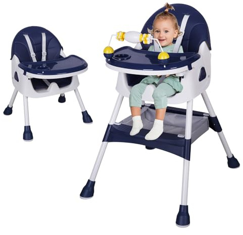 Sinbide Hochstuhl, Verstehllbar und Klappbar Kinderhochstuhl mit Rädern, Verstellbarer Rückenlehne und Liegefunktion, Abnehmbare Ablage, Kindersitz mit Sicherheitsgurt für 6 Monaten bis 4 Jahre blau