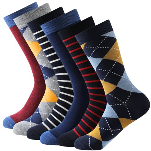 Balseti Calcetines Media Caña Formales y Básicos de Rayas, Rombos Rojo, Azul Marino, Grispara Hombres. Calcetines Ejecutivos, Frescos, Finos. 85% Algodón. Pack 6 Pares. Talla 43-47.