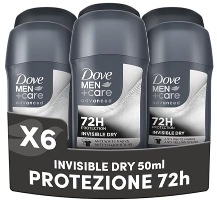 Dove Men Care, Deodorante Uomo Stick, Invisible Dry Advanced Care, Antitraspirante, Antimacchia, Protezione Fino a 72 Ore, con Antibacterial Odour Control, e 1/4 di Crema Idratante, 6 Pezzi da 50ml