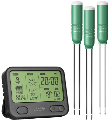 Royal Gardineer Bodensensor Set: 4in1-Funk-Boden-Feuchtigkeitsmesser-Set mit 3 Sensoren, innen & außen (Erde Feuchtigkeitsmessgerät, Bodenfeuchtigkeitsmesser, Topf)