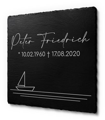 Gedenkstein aus Schiefer - Exklusiv: Wetterfeste Imprägnierung! Grabplatte mit Gravur 20x20 cm - Gedenktafel für Menschen Hund Katze -personalisiert Urnengrabstein Grabschmuck Urnengrab Grab