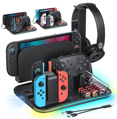 [Switch 2/1 Compatible]FASTSNAIL Charging Dock & Orgainzer for Nintendo Switch 2/1/OLED Joypad, Storage Station for NS2 with 9 RGB Modes, Fan, LED Indicator, 12 Card Slots, Controller&Headphone Stand