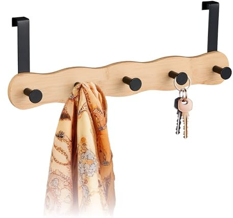 Relaxdays Appendiabiti da Porta, 2 cm, 5 Ganci Sopraporta Appendi Abiti Salvaspazio, bambù e Acciaio, Nero