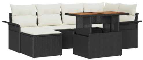 vidaXL 7-delars Trädgårdsoffa Set Med Kuddar Svart Och Vit Handvävt Utemöbler Modulär Design Sittplatser För 5 Bekväm Justérbara Fötter Poly Rattan Patio Väderbeständig