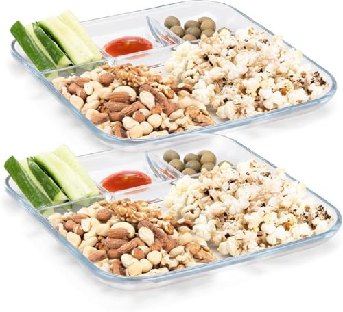 OCEANO Set di 2 Vassoi in Vetro con Scomparti, Piatti Divisi per Antipasti Snack e Salse Vassoio Antipastiera per Servire Piatto Unico Scomparti Salsiera Trasparente