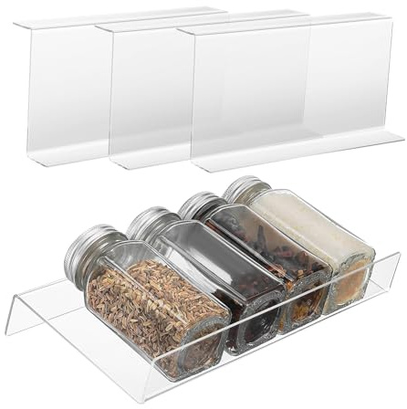 ELAYARD 4pcs Expandable Clear Spice Organizer for Kitchen Drawers Adjustable Acrylic Rack Tray Insert Fits Various Spice Jars and Space Saving Rack for Inside Cabinets