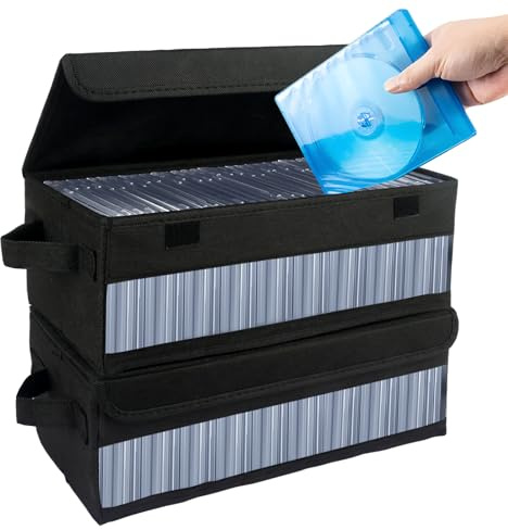 Jonuin 2 Pack CD Storage Boxes with Cover, 14.4x6.3x5.5 CD Storage Case, Side Visual CD Case, CD Box Holds 30 CDs in Full Jewel Cases, 60 CDs in Slim Cases, and 170 Discs in CD Sleeves, Black
