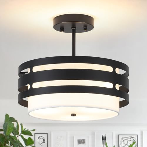 3-Light Black Ceiling Light for Living Room, Fabric Shade, Modern, E27 | for Bedroom Dining Room Hallway Kitchen, Ø 32cm, MAX 60W, Drum Shape, Soft Light