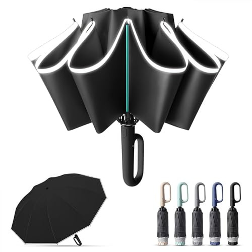 Kisizity Regenschirm Sturmfest, 10 Rippen Umgekehrter Regenschirm Automatik Auf und Zu, 106cm Durchmesser Golf Umbrella mit Schnallengriff und 360° Reflektierende Streifen für Herren und Damen