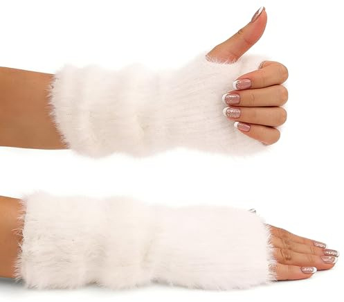 Tnkmix 1 Paar Weiß Fingerlose Armstulpen, Fingerlose Strickhandschuhe Armstulpen Damen Winter Warm Strick Handschuhe Winter Gestrickte Handschuhe für Damen Mädchen Herbst und Winter,Modisch,Warm