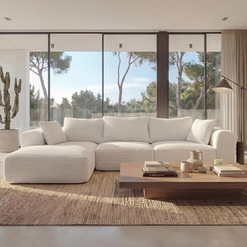 Mendler Sofa-Garnitur HWC-P20, 3-Sitzer Couch Loungesofa, Stoff/Textil Cord (370 g/m²) Liegefläche Links - weiß