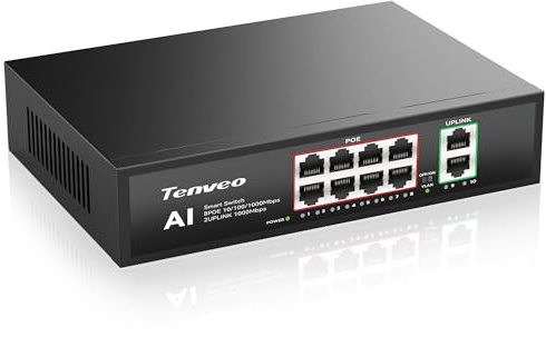 Tenveo Power Over Ethernet-omkopplare 8-portars Gigabit PoE+-switch med 120 W, 2 uplink-portar, plug and play, VLAN, metallhölje – idealisk för liveströmning, IP-kameror och nätverk