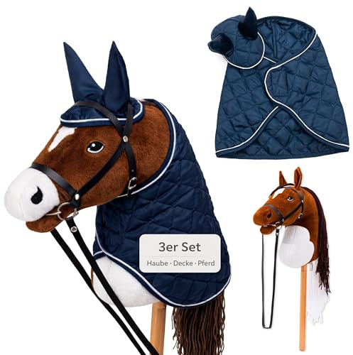 Hoofly Hobby Horse Set – Caballo grande para niños con manta y capucha | Juego completo de caballos de hobby con brida y varilla de tornillo de 35 cm | Caballo marrón – Accesorios azules