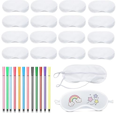 16 Stück Schlafmaske Kinder, Übernachtungsparty Mädchen, Bemalbare Polyester Schlafmasken Mit 12 Farbstiften, Pyjama Party Deko, 18,5 x 8,5 cm