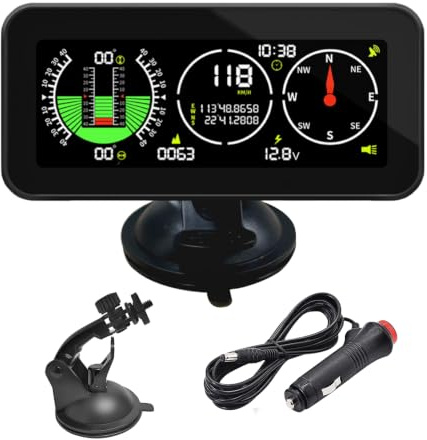 7JI Inclinometro Digital 4x4, Velocímetro Coche, HUD Head Up Display Auto | Gps y Brújula, Enchufe de Mechero, Alarma de Exceso y Alarma de Somnolencia, Universal para Vehículos, SUV, Todoterreno
