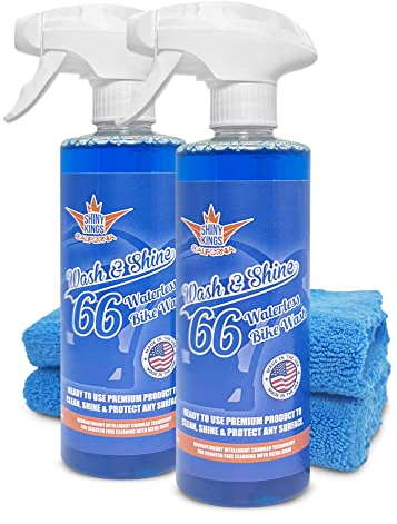 Shinykings BIKE | Nano-Tech | Wasserloser Motorrad-Reiniger und Insektenentferner | Hochglanz Schnellreiniger | Kratzfreie Trockenwäsche | Shampoo | Trockenreiniger | 2 x 0,5L Spray + 2 Spezialtücher