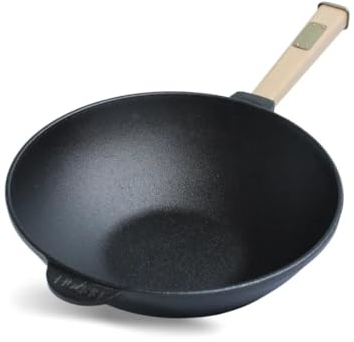 4BIG.fun Wok in ghisa 26 cm 2,8 L Padella wok adatta all'induzione robusta e rustica con manico rimovibile, per esterni, da campeggio