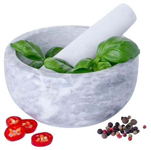 Homiu Set di pestello e mortaio in marmo, ciotola in pietra solida di alta qualità, macina erbe da cucina, grande diametro 15,5 cm, ideale per guacamole, spezie, erbe, zenzero, aglio
