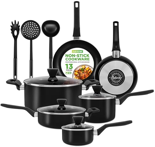 NutriChef 13-Piece Pot and Pan Set Non-stick, Kitchen Cookware Set , w/ Saucepan, Frying Pans, Cooking Pots, Casserole, Lids, Ladle, Fork, Strainer, Heat Resistant, PFOA Free, Black