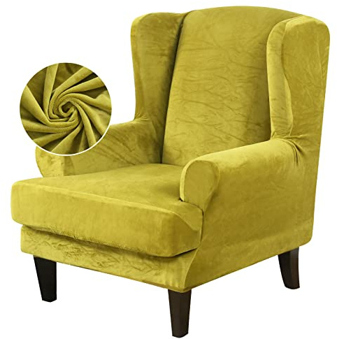 TOPCHANCES Wingback Chair Covers Slipcover 2 Pieces,Stretch Velvet Plush Wing Chair Cover Arm Chair Furniture Covers Slipcover Sofa Slip Covers with Elastic Bottom for Living Room Bedroom