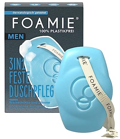 Foamie Men 3in1 Festes Duschgel & Shampoo Wasserminze Zitrone – Für Körper, Gesicht & Haar – Erfrischender Duft, sanfte Reinigung & Pflege – Vegan, plastikfrei & pH-hautneutral, 90 g