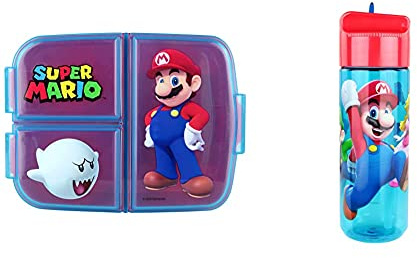 p:os Super Mario Set für Kinder: Brotdose mit 3 Fächern & Trinkflasche 540 ml mit integriertem Strohhalm