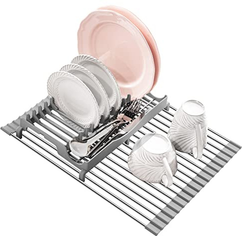 EMIERAI Upgraded Roll Up Dish Drying Rack(17.1” x 13.1”) Over Sink Dish Drainer Foldable Stainless Steel Trivet for Kitchen Countertop