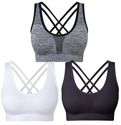 SEGRILA Damen Sport BH Set Ohne Bügel Kreuz Rücken Yoga Bustier Gepolsterter (Schwarz,Weiß,Grau M)
