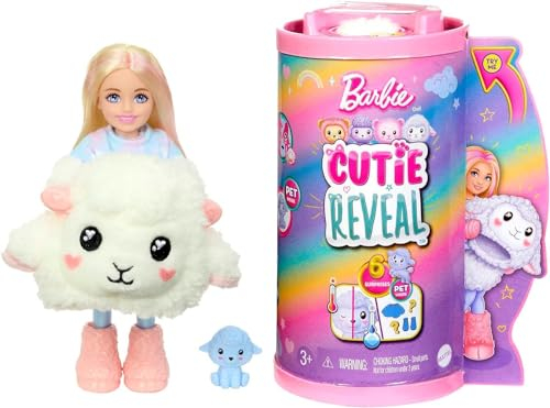 Barbie Cutie Reveal - Chelsea-Puppe mit 6 Überraschungen, Plüschlamm, Moden, Accessoires, Kuscheljacke, für Kinder ab 3 Jahren, HKR18