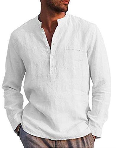 Kvruhuiy Herren Baumwolle Leinenhemd Herren Sommer Strand Hemd Freizeithemd Men's Casual Henley Shirts