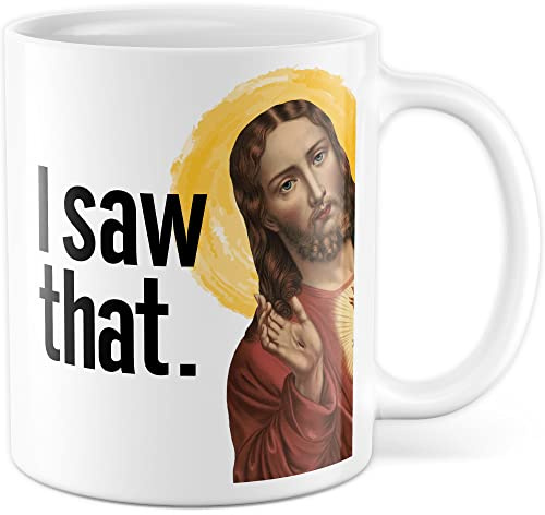 Jesus Tasse Meme Geschenkidee Humor Kaffeetasse mit lustigen Spruch Geschenk für Kollege Kaffeebecher Christus Peeking Becher (Weiß)