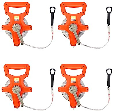 QWORK 1/2 x 100' Fiberglass Tape Measure, 4 Pack Engineer's Open Reel Dual Sided Measure, Orange